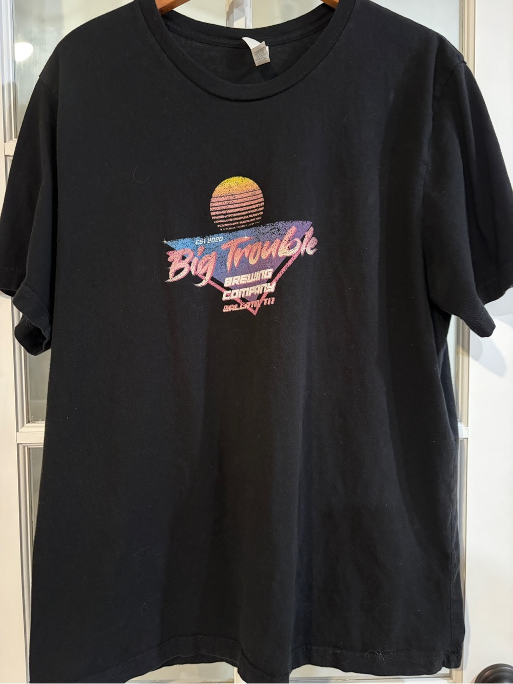 Big Trouble Brewing Co T-Shirt Black Retro 80s Sunset Purple Graphic Tee 2XL